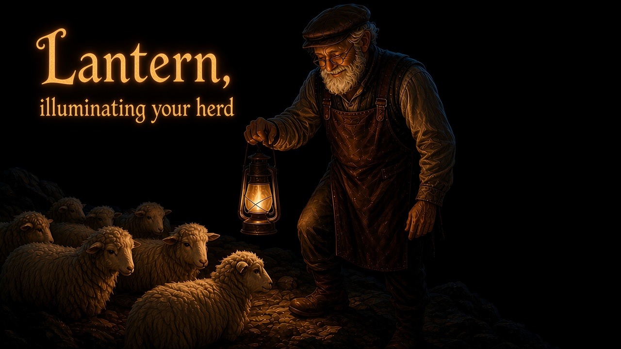The cobbler on a ridge at night, lantern in hand, looking down on his herd